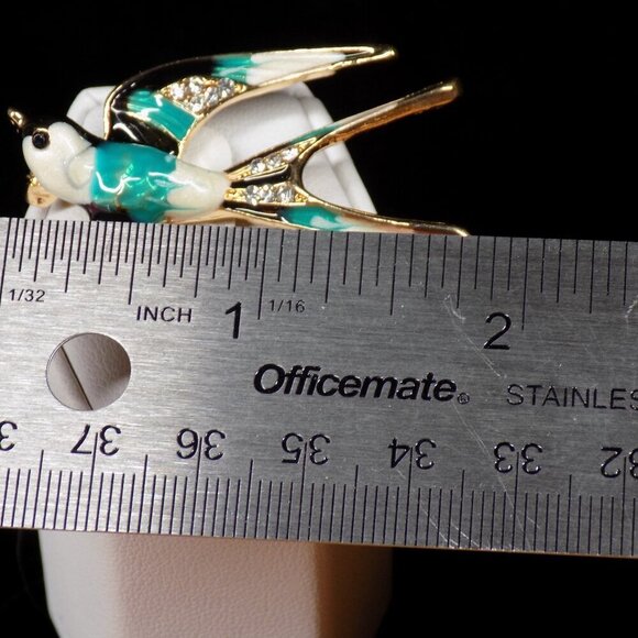 Vintage Swallow Bird Pin Brooch Enamel Clear Rhinestones Gold-tone Multicolor - Picture 5 of 5